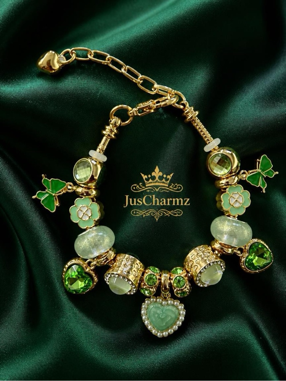 Green Enamel & Crystal Heart Charm Bracelet